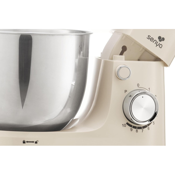 Кухонна машина SENYA 1500 Вт з чашею з нержавіючої сталі 5 л, 10 швидкостей + імпульсний режим, міксер, вінчик, гак в комплекті, захист від бризок з розділювачем яєць, тиха робота