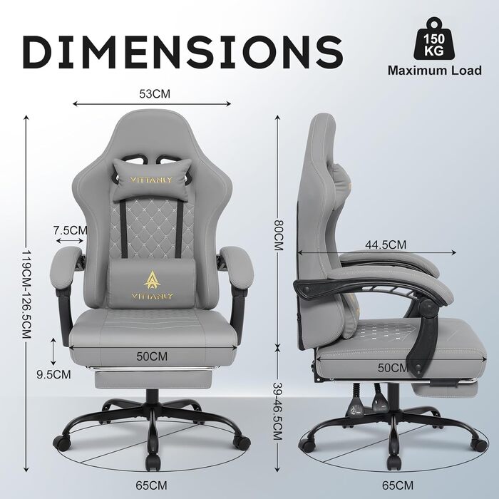 Ігровий крісло Vittanly з пружинними подушками, ергономічний геймерське крісло з підголовником, поперековою подушкою та підставкою для ніг, регульоване по висоті, поворотне ігрове крісло, офісне крісло, 150 кг, сірий
