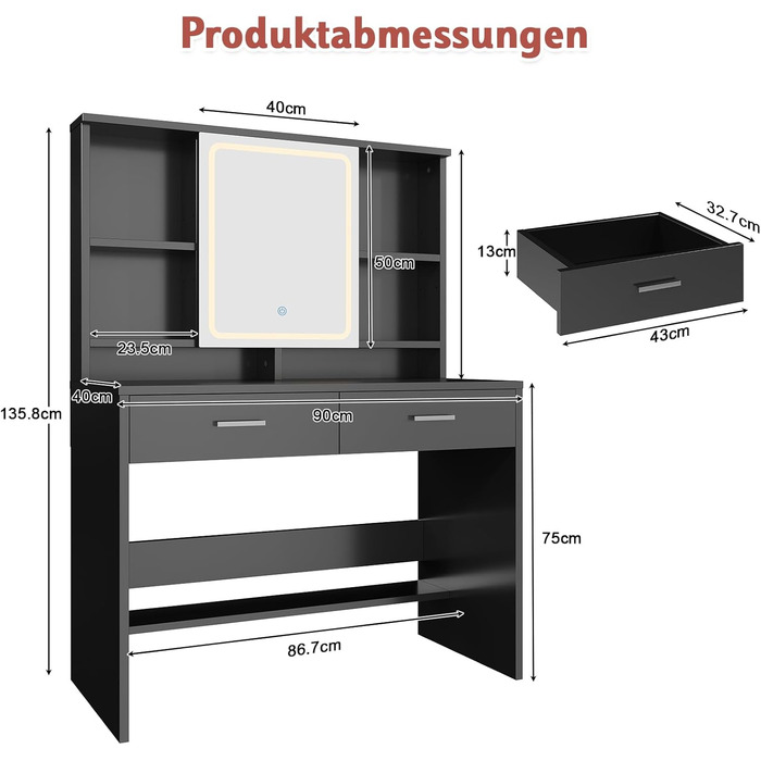 Дзеркальний туалетний столик JUMMICO з LED-підсвічуванням, 2 шухляди, 4 полиці, білий (чорний)