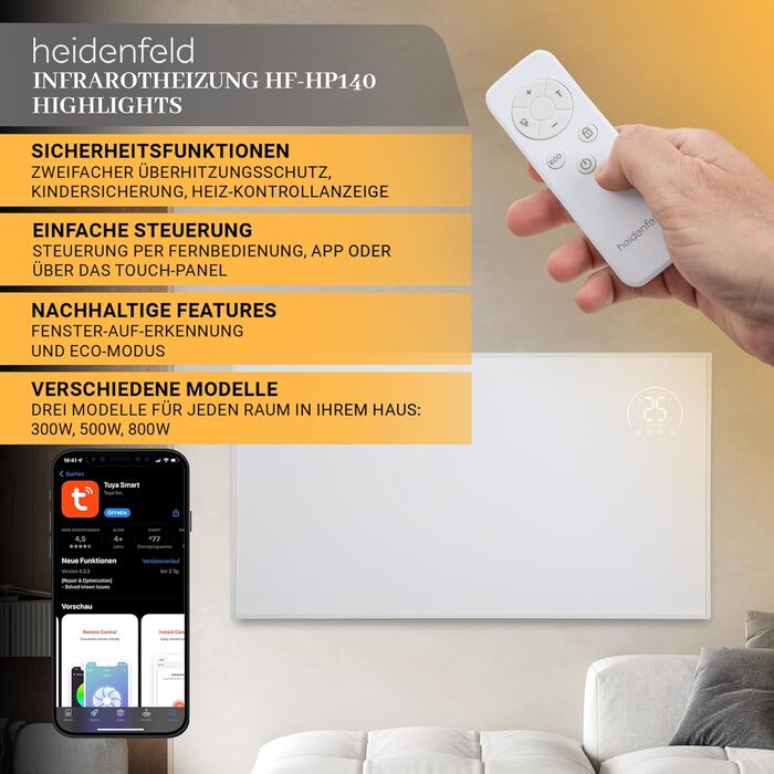 Інфрачервовий обігрівач Heidenfeld HF-HP140 | 300 Вт | 10 м² | Керування через додаток, пульт, сенсорна панель | Мобільний електрообігрівач з термостатом
