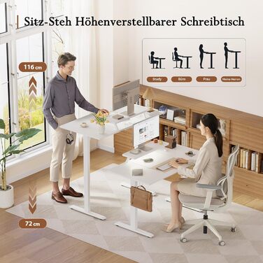 Регульований по висоті письмовий стіл Klicelor 140x60 см з LED-підсвіткою, розетками та підставкою для монітора, білий — ігровий та офісний стіл для роботи стоячи