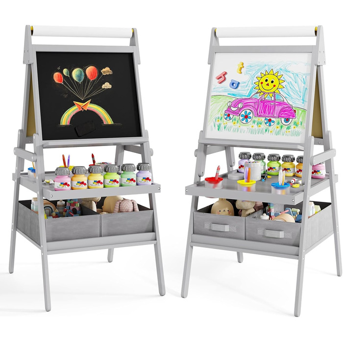 Дитяча мольберт DREAMADE 3 в 1: магнітна дошка, крейдяна дошка, рулон паперу, 4 стаканчики для фарби та 2 тканинні коробки. Для дітей від 3 років (білий, сірий)