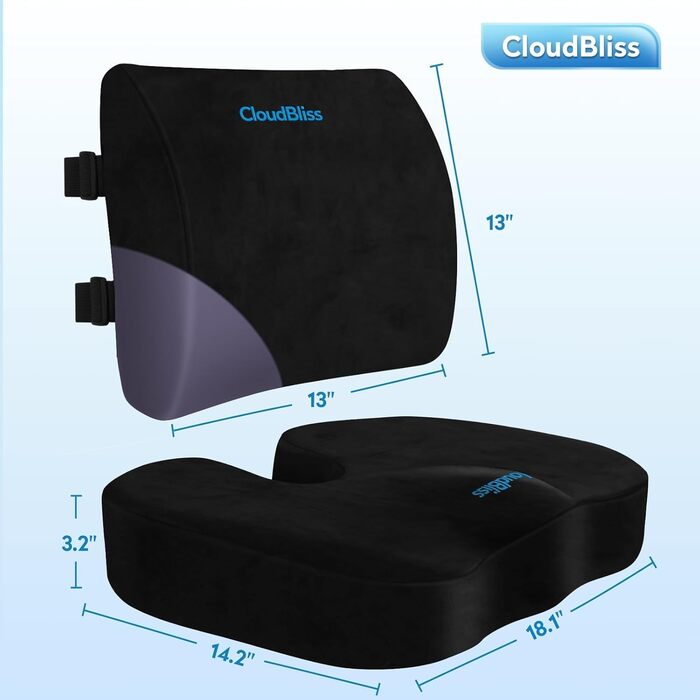 Подушка для сидіння CloudBliss: для офісного крісла, авто, підтримка попереку, з memory foam, для болю в куприку, від ішіасу та болю в спині