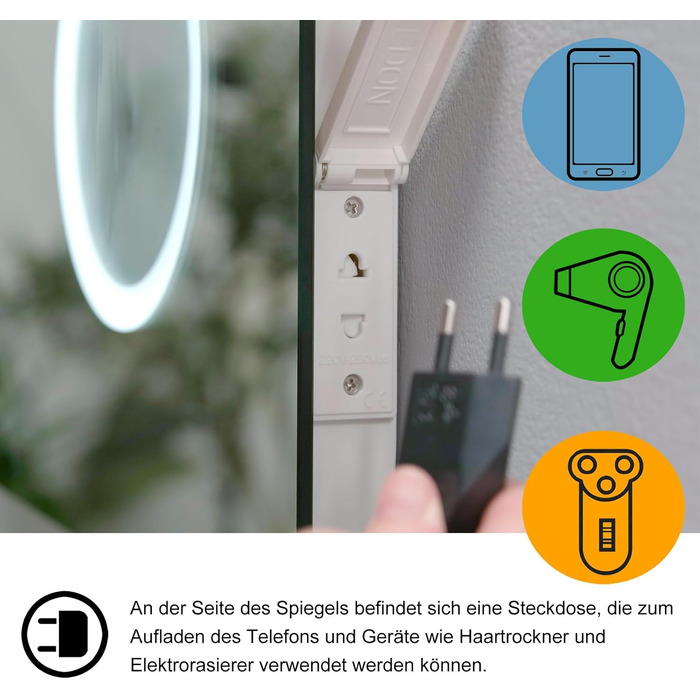 Дзеркало для ванної кімнати LISA LED 80x60 см з підсвічуванням, розеткою та годинником. Сенсорне регулювання, 3 кольори світла, антизапар.