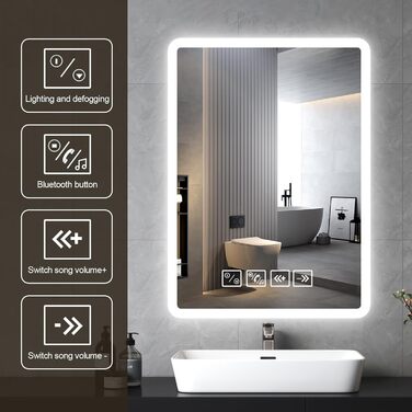 Дзеркало для ванної кімнати з підсвіткою 50x70 см з Bluetooth, годинником, функцією проти запотівання та сенсорним вимикачем