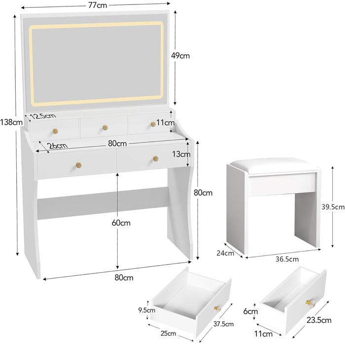 Трюмо COMHOMA з підсвічуванням, дзеркалом та прихованою LED-смугою, зі стільцем та 5 висувними ящиками, з розеткою, 3 колірні температури та регульована яскравість, білий