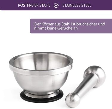 Мастрад - ступка та товкачок з нержавіючої сталі, стійкий до запахів, з антиковзним дном, придатний для миття в посудомийній машині