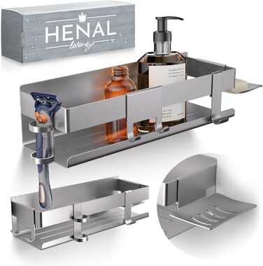 Набір для зберігання в душі Henal 5 в 1: поличка, тримач для бритви, для скребка, мильниці та гачка. Нержавіюча сталь, матове покриття, без свердління. Організатор для ванної кімнати XXL