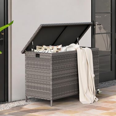 Водонепроникний садовий ящик Amopatio Gartenbox 480л з поліротангу, металевий ящик для подушок на колесах з газліфтом для саду та балкону, сірий