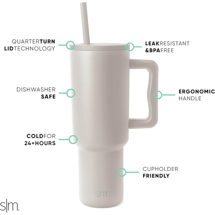Термокружка Simple Modern з трубочкою та ручкою | 1180 мл, нержавіюча сталь, ізольована | Ідеальний подарунок для жінок та чоловіків | Almond Birch