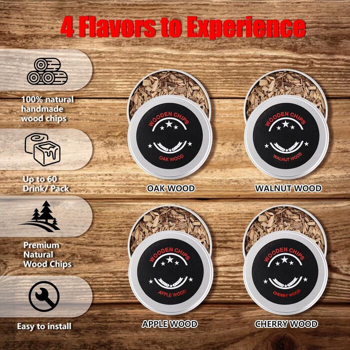 Набір для копчення напоїв Cocktail з 4 смаками, дерев'яні чіпси для віскі, набір для приготування коктейлів, інфузор для бурбону з повторно використовуваними кубиками льоду, круглий чорний