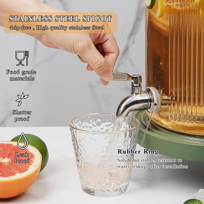 Скляний диспенсер для напоїв Evanda з нержавіючим сталевим краном, 4л, для приготування холодного чаю, лимонаду та соків