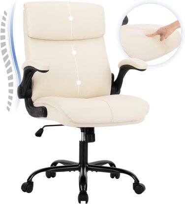 Офісний крісло Colamy: ергономічне, з високою спинкою, регульовані підлокітники, шкіряне покриття (слонова кістка)
