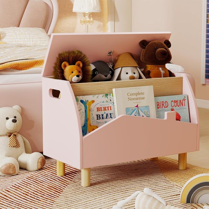 COSTWAY Скринька для іграшок з полицями, дерев'яна іграшковий ящик з кришкою, органайзер для дитячих іграшок, комод для іграшок в дитячу кімнату, 60x30x44 см (Білий, Рожевий)