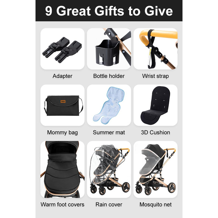 Дитяча коляска YAZOCO 3 в 1: Buggy, Babybett, Комплект. Компактна, складна, з алюмінієвим каркасом для новонароджених (2 шт. чорного кольору)