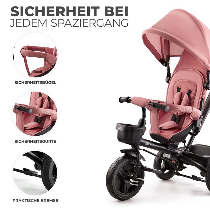Триколісний велосипед Kinderkraft AVEO для дітей від 9 місяців, з батьківською ручкою, компактно складався, обертовий сидіння, розкладне сонцезахисне козирок, тримач для напоїв, кошик у комплекті, зелений колір