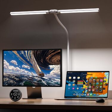 Світлодіодна лампа настільна для дітей з двома головками, захист очей, 16W, 72см, денне світло, з пультом, регулювання яскравості, гнушкий шийний механізм, матовий білий колір