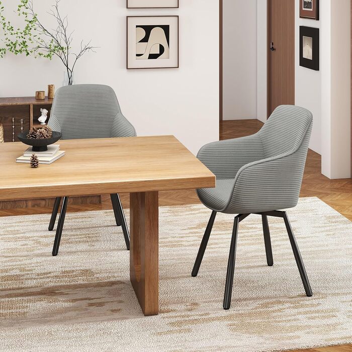 LEWE Комплект з 4 обертових кухонних стільців для їдальні з підлокітниками, сірий, сучасний дизайн, дерев'яні ніжки, тканина Cord, 360° обертання, для вітальні, спальні, кухні