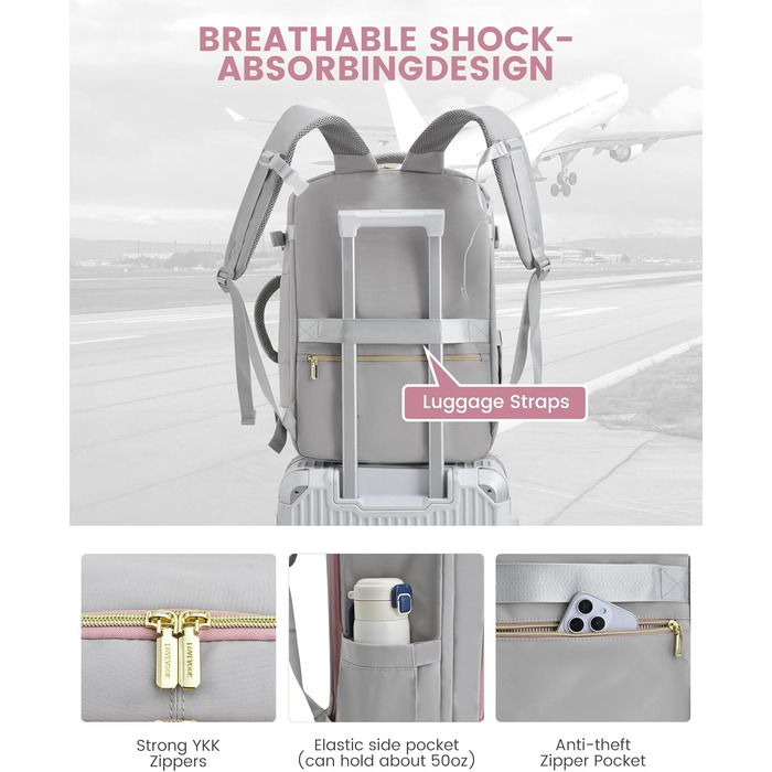 LOVEVOOK Рюкзак для ручної поклажі, жіночий/чоловічий, 40L, водонепроникний, з відділенням для взуття, 17 дюймів для ноутбука, сірий+рожевий+бежевий