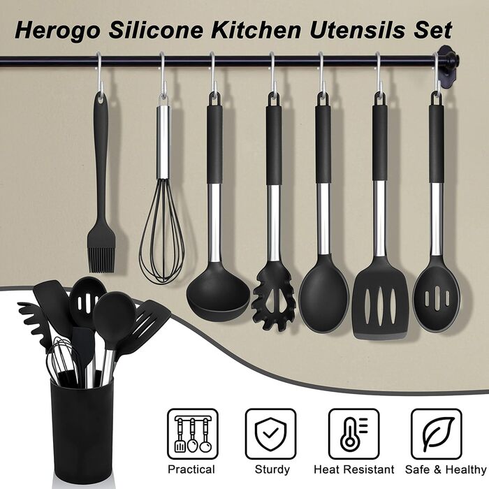 Набір кухонного приладдя Herogo, 12 шт. Силіконові кухонні інструменти з нержавіючою сталею, стійкі до високих температур, лопатки, ложки, шпателі з підставкою, легко миються - Чорний