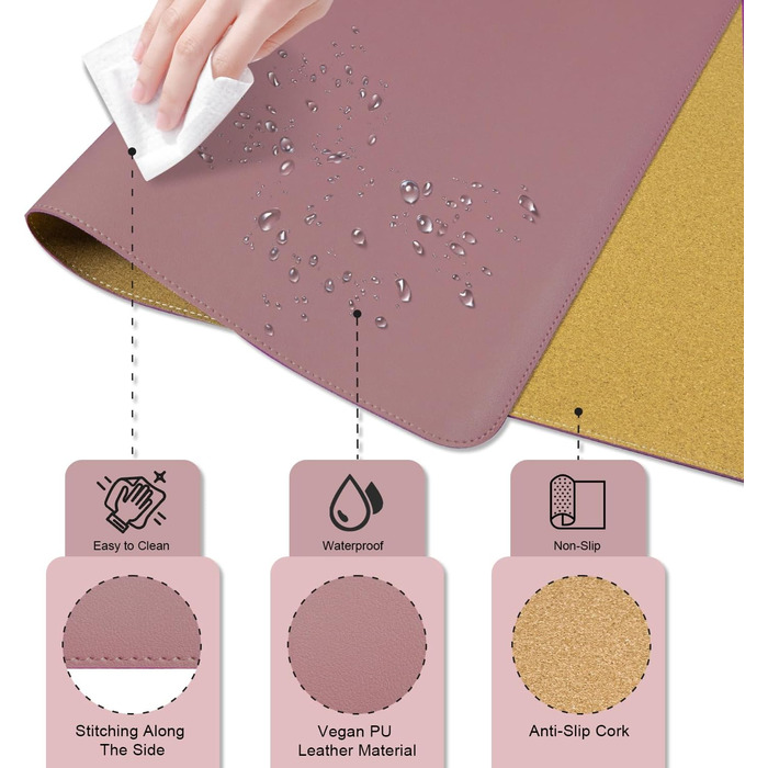Шкіряний килимок для столу BLESWIN, великий протиковзкий підкладник під мишу та клавіатуру для ноутбука та комп'ютера, офісний настільний мат для письма (90x43 см, рожево-ліловий)