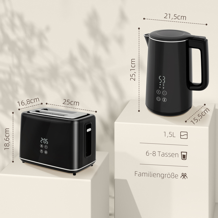 Комплект кухонних приладів: чайник та тостер, 7 рівнів підсмажування, швидке кип'ятіння, нержавіюча сталь, пластик, чорний