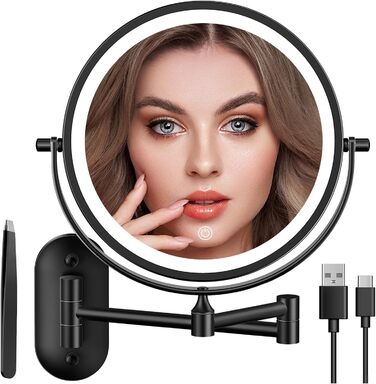 Дзеркало для макіяжу Auxmir з підсвічуванням, 1X/ Акумуляторний, 3200mAh, для гоління, настінний, з регулюванням яскравості, збільшення 30X, 3 кольори світла, поворот на 360°, для ванної кімнати (Чорний)