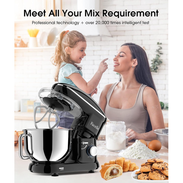 Кухонна машина Facelle 1500W з нержавіючою чашею 6.2 л, 6 швидкостей, комплект насадок (чорна)