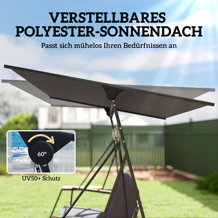 Гойдалка садова для трьох осіб з регульованим дахом, подушками та підставками для напоїв, вантажопідйомність 360 кг, сіра