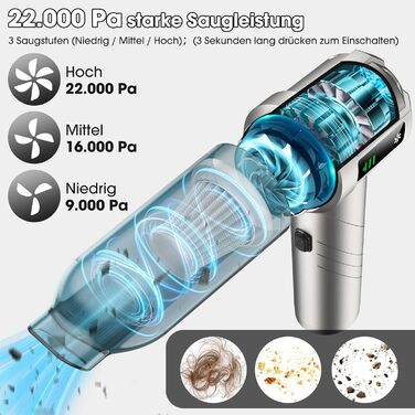 Акумуляторний ручний пилосмок для авто та дому 22000Па, безщітковий двигун, з функцією видування, 3 HEPA-фільтрами та набором щіток