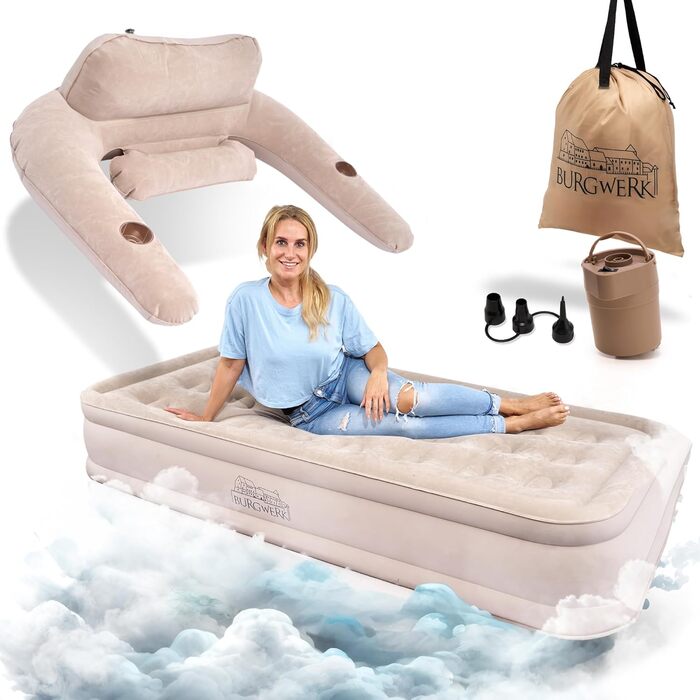 Надувне ліжко 3-в-1 | Гостьове та кемпінгове ліжко | Надувна матрац з електропомпою 150x200 | Самостійно надувна повітряна матрац (1 особа, Бежевий)