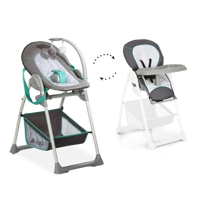 Високий стільчик для годування Hauck Sit N Relax 2in1 з люлькою для немовлят, регульована висота, колеса, великий кошик, піднос, складна конструкція, іграшковий брязкальце (Hearts), від народження до 15 кг