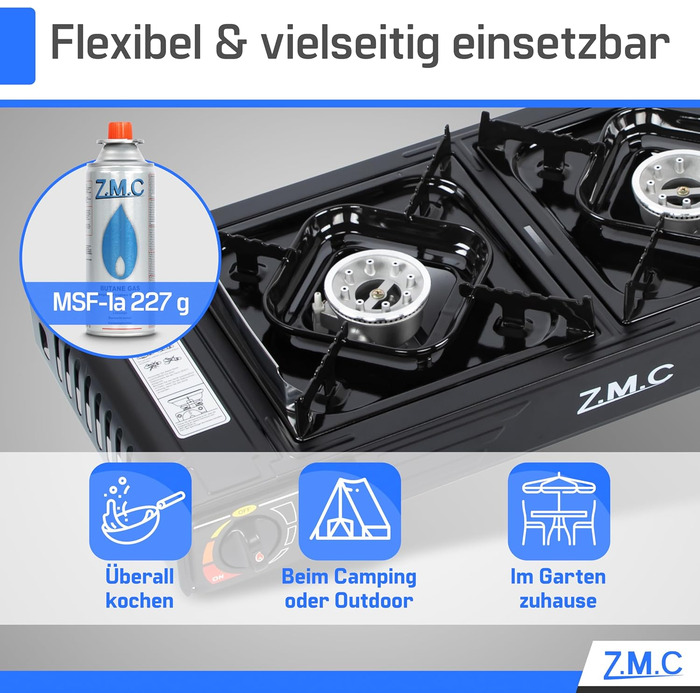 Преміум газовий набір для кемпінгу ZMC з 2 конфорками, 2,5 кВт, Piezo-запалювання, валіза для транспортування. Ідеально для відпочинку на природі, балкону та дому. Включає гриль-плиту 45×24 см та 227г газові картриджі.