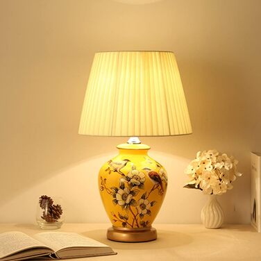 Керамічна настільна лампа Mengjay: настільна, нічна, для читання, у вітальню (білий/жовтий)