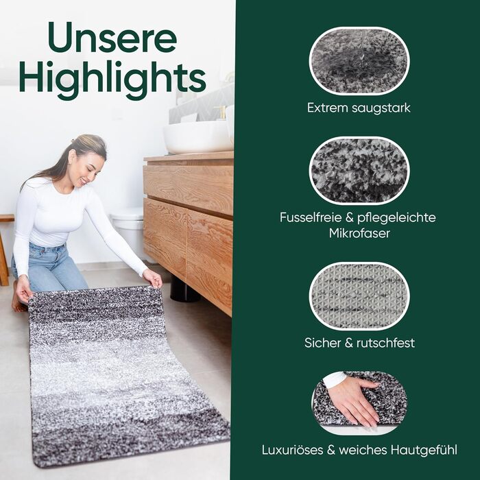 Килимок для ванної кімнати 60x90 см, антиковзаючий, чорно-сірий | Килимок для ванни, килимок для душу | Преміум якість, великий, миючий | Килимок для ванни, килимок для душу