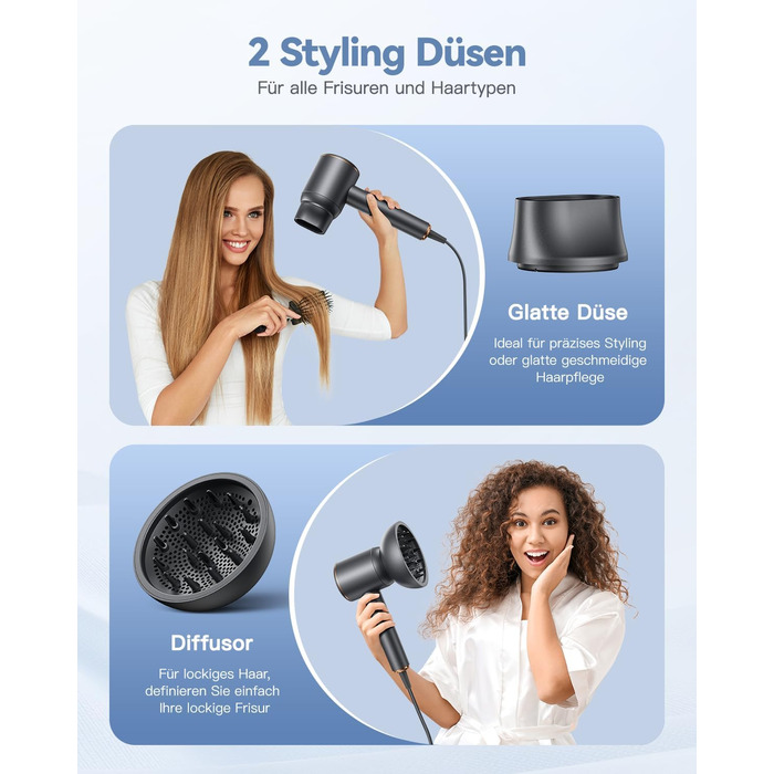 Іонний фен для волосся DEWILY з дифузором 1800 Вт, 3 температурних режими, компактний дорожній сунич для кучерявого волосся (сіро-чорний)