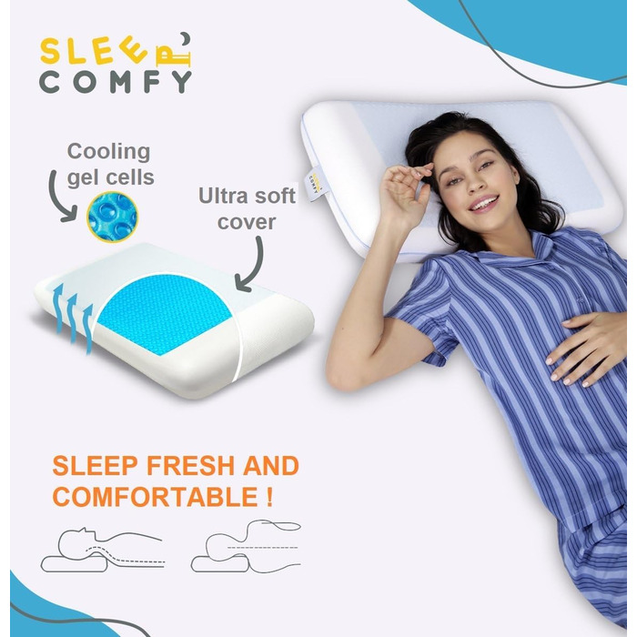Преміум подушка для сну Comfy з гелевим ефектом та піною з пам'яті. Оптимальна підтримка для тих, хто спить на боці, спині. Розмір 60x40x14/12 см. Гелевий охолоджуючий ефект, знімний чохол. Ортопедична подушка для комфортного сну.