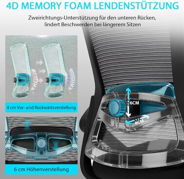 Ергономічне крісло для офісу, комп'ютерне крісло з регульованою 4D поперековою підтримкою, поворотне крісло з відкидними підлокітниками, крісло з функцією нахилу 90°-125°, сітчасте крісло до 130 кг, чорне