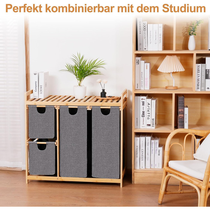 Кошик для білизни iEGrow з 4 відділеннями, 150л, бамбуковий візок для білизни з полицею, місткий кошик для брудної білизни з оксфордської тканини (сірий)