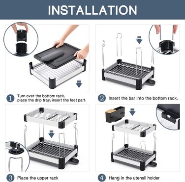 Рівнева сушарка Алюмінієва сушарка для посуду Стійка для кухонної раковини з антикорозійною рамкою Піддон для крапель з поворотним носиком 360, тримач для кухонного посуду 2-ярусний, 2-
