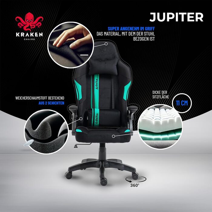 Крісло ігрове KRAKEN CHAIRS чорно-морського кольору, тканинне, ергономічне, для геймерів, вантажопідйомність 130 кг