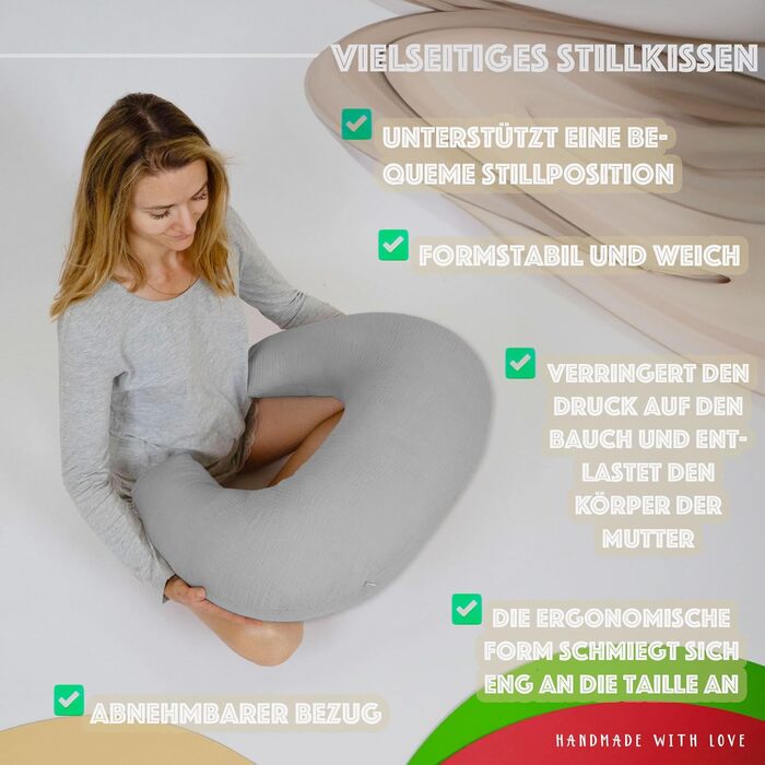 Подушка для годування та вагітності PaLulli XL (170x30 см), органічна бавовна, мусліновий чохол, сіра