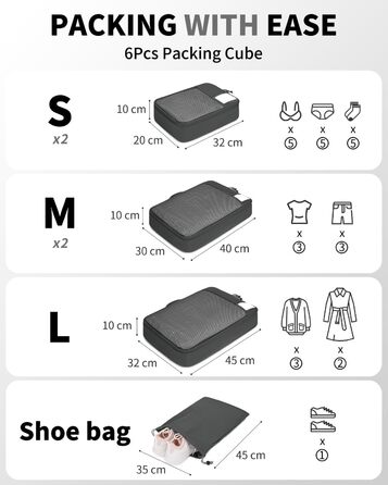 Набір органайзерів для валізи ECOHUB, 6 предметів, дорожні компресійні сумки з ID-тегами з перероблених матеріалів, дихаючі органайзери для подорожей та рюкзака, темно-сірі