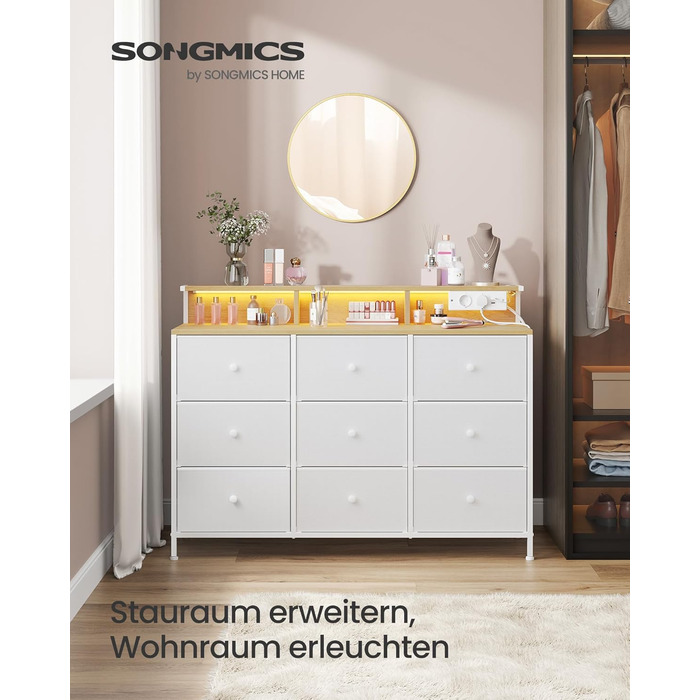 SONGMICS Комод з 9 висувними ящиками та LED-підсвічуванням, з розеткою, сталевий каркас, 33,5 x 114 x 84 см, для спальні/вітальні, білий, LTS519W02