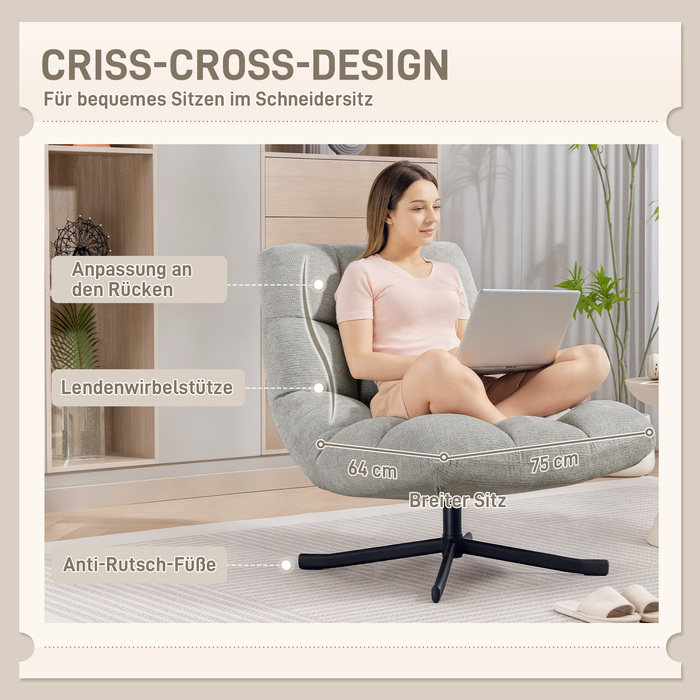 Крісло-релакс з обертовим механізмом та широким сидінням, з водонепроникною тканиною, що імітує вельвет, на перехресних сталевих ніжках, світло-сірого кольору.