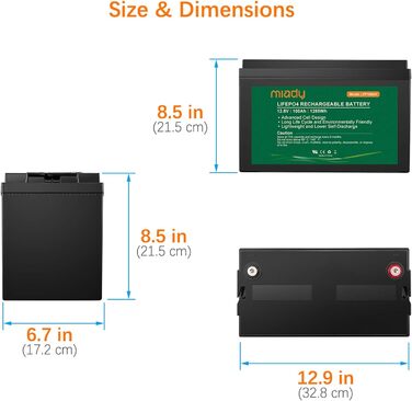 Акумулятор Miady 12V 100Ah LiFePO4 із захистом BMS, 3000 циклів, не потребує обслуговування для сонячної системи, автофургону, човна