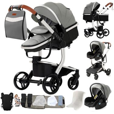 Дитяча коляска 3 в 1 Kinderwagen, 0-4 роки, компактна та складна, з автокріслом, аксесуари (сірий, 3 в 1-L518)