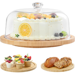 Підставка для тортів Ohuhu з бамбука 2-в-1 з кришкою, обертова тальянка з 3 знімними ніжками та акриловою кришкою для випічки, декору та святкування, чудовий подарунок для жінок