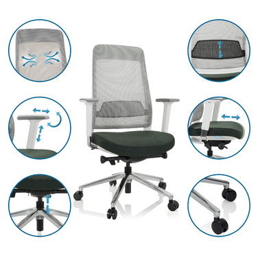 Офісне крісло / поворотне крісло CHIARO T2 WHITE сітка / тканина темно-зелений / сірий hjh OFFICE