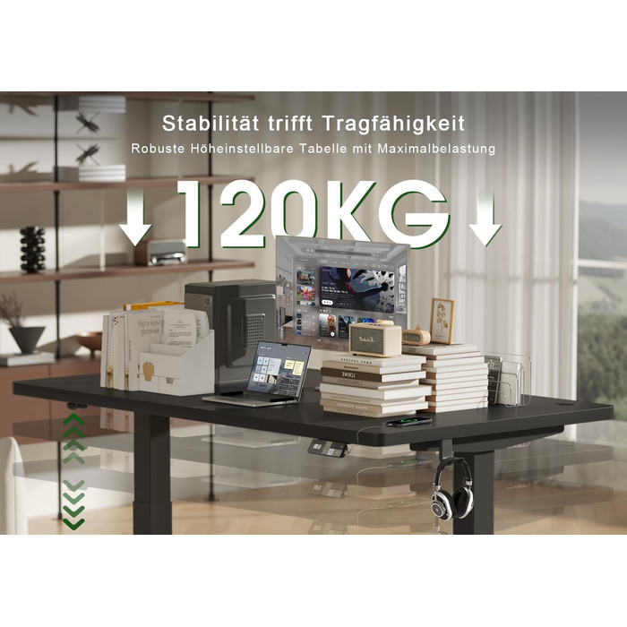 Електричний підйомний стіл Devoko 160x80 см, ергономічний комп'ютерний стіл для роботи стоячи та сидячи, стільниця 25 мм, подвійний мотор, пам'ять, USB-C (Чорний)